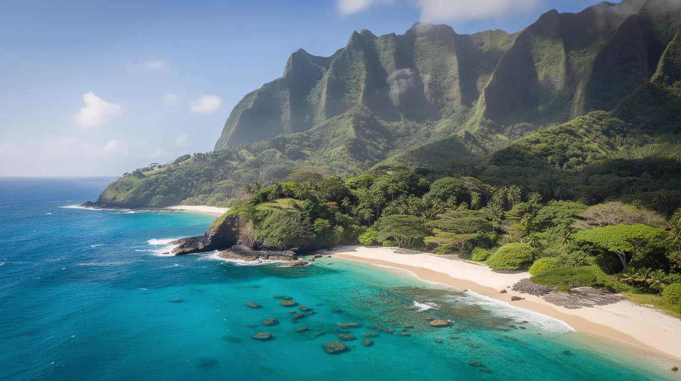 The image depicts a vibrant tropical coastline of a Pacific island, showcasing crystal-clear turquoise waters lapping against the shore, framed by lush green mountains in the background. This serene landscape contrasts with the complexities of local laws regarding firearms, such as those in American Samoa, where regulations on gun ownership and possession are strictly enforced.