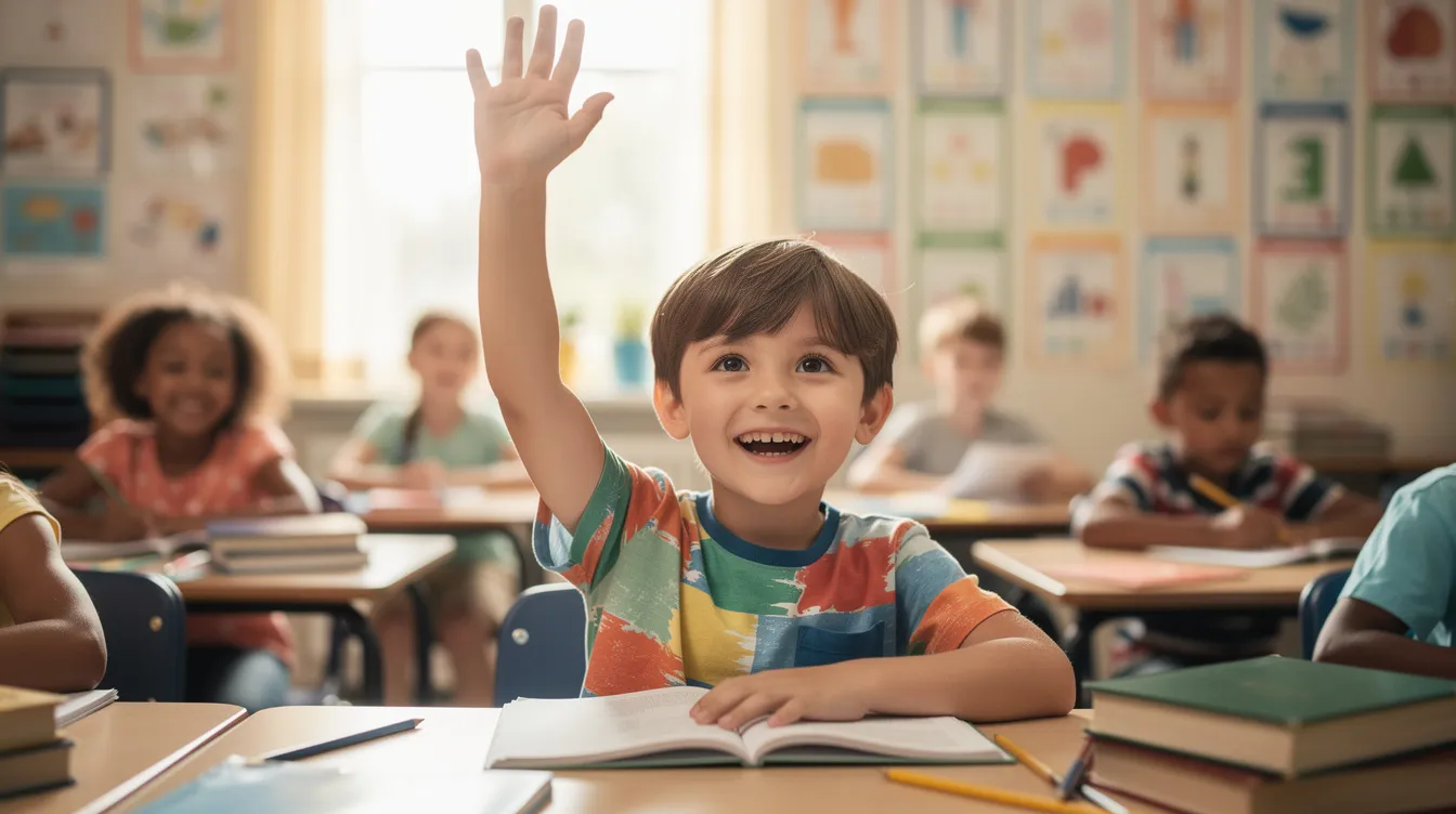 A primary school-age child confidently raises their hand in a bright classroom filled with other students, showcasing their eagerness to participate in the learning process. This scene reflects a supportive school environment that fosters social and emotional learning, encouraging independence and school readiness among young learners.