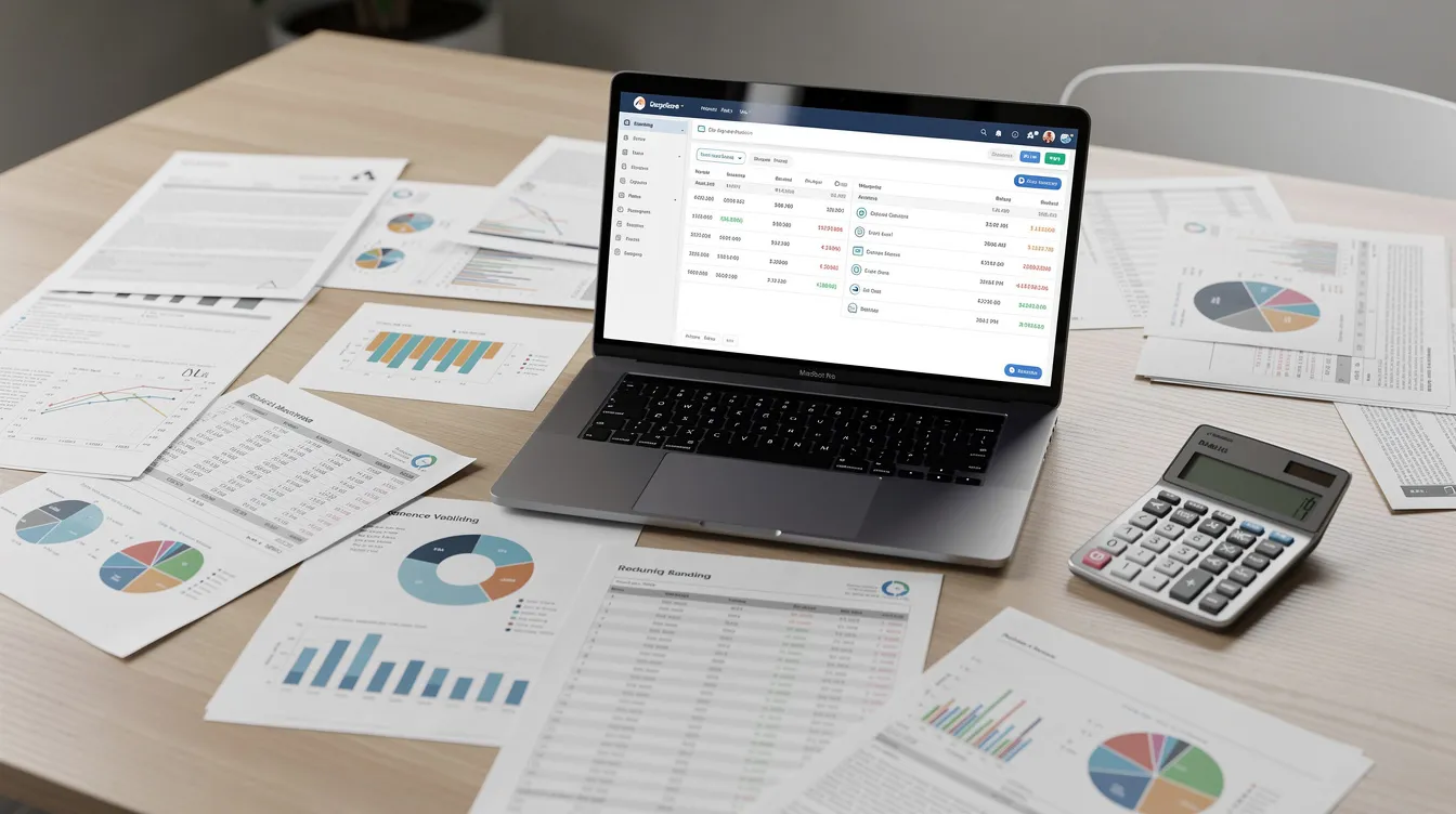 The image depicts a cluttered desk featuring financial documents, a calculator, and a laptop displaying bank statements, emphasizing the organization of financial management. This setup may be used for tasks related to loan applications, such as 免 tu 貸款 or private loan assessments.