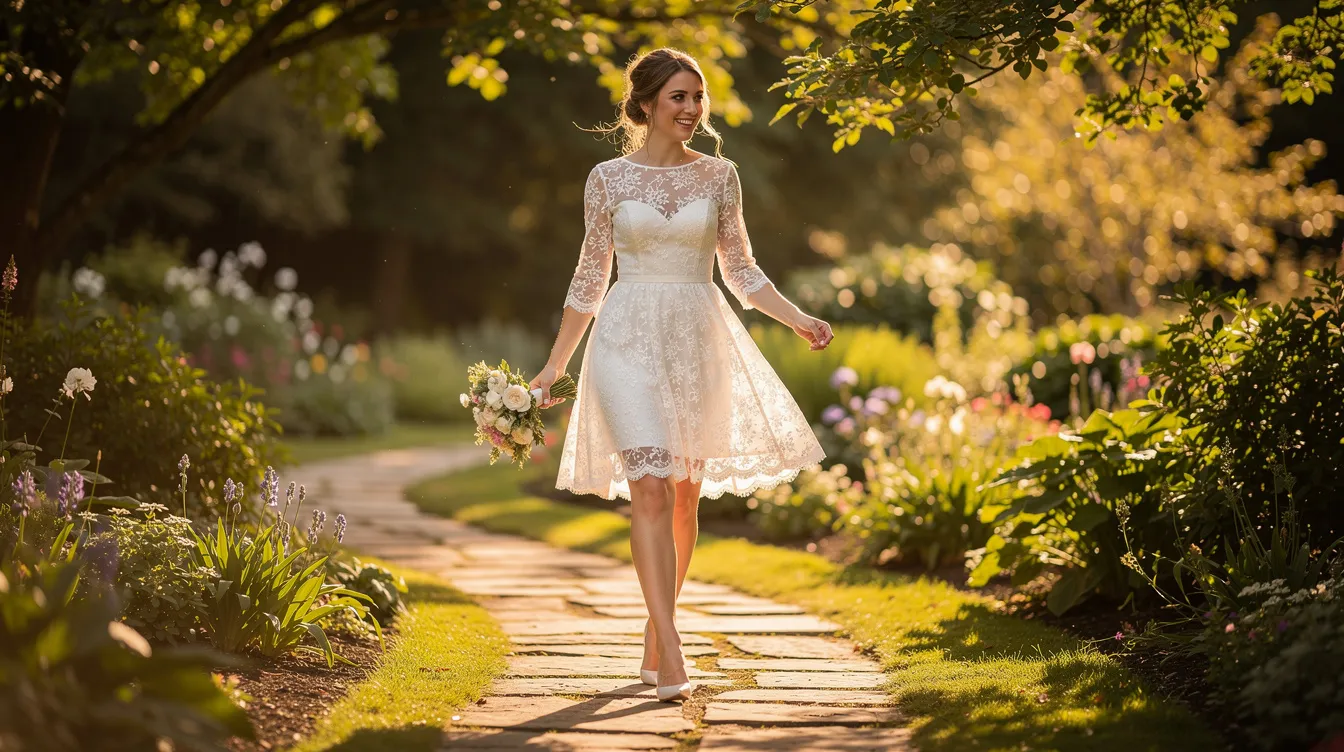 A bride is gracefully walking through a sunlit garden, wearing a short white lace dress with sleeves, surrounded by lush greenery. The dress features delicate details that enhance her elegant silhouette, perfect for a celebration of love.