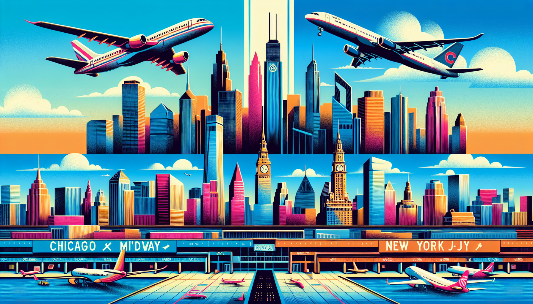 An illustration of popular airports in Chicago and New York.