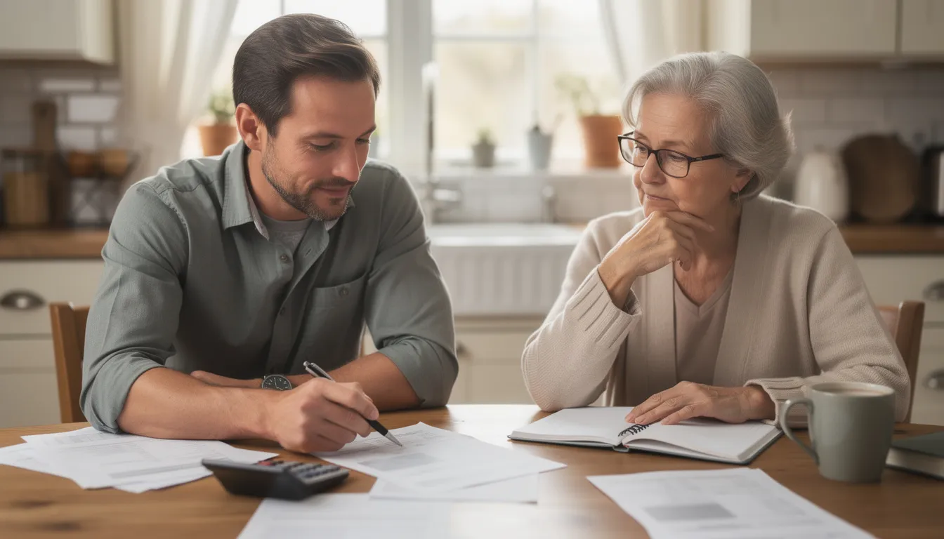 An adult son is seated at a kitchen table, carefully reviewing financial documents with his elderly parent, focusing on important aspects like the annuity contract and potential death benefits. This scene highlights their discussion about financial security and the implications of what happens when an annuity owner dies before annuitization, ensuring a clear understanding of the options available for beneficiaries.