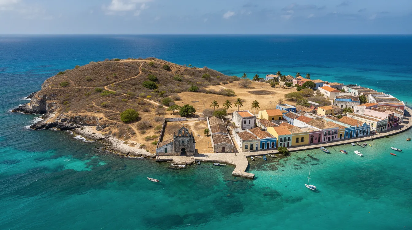 A imagem apresenta uma vista aérea da ilha caribenha de Curaçao, destacando suas águas azul turquesa e vegetação seca, além de construções coloniais coloridas que refletem a diversidade cultural do local. Essa paisagem paradisíaca é um convite a férias inesquecíveis nas Antilhas Holandesas.
