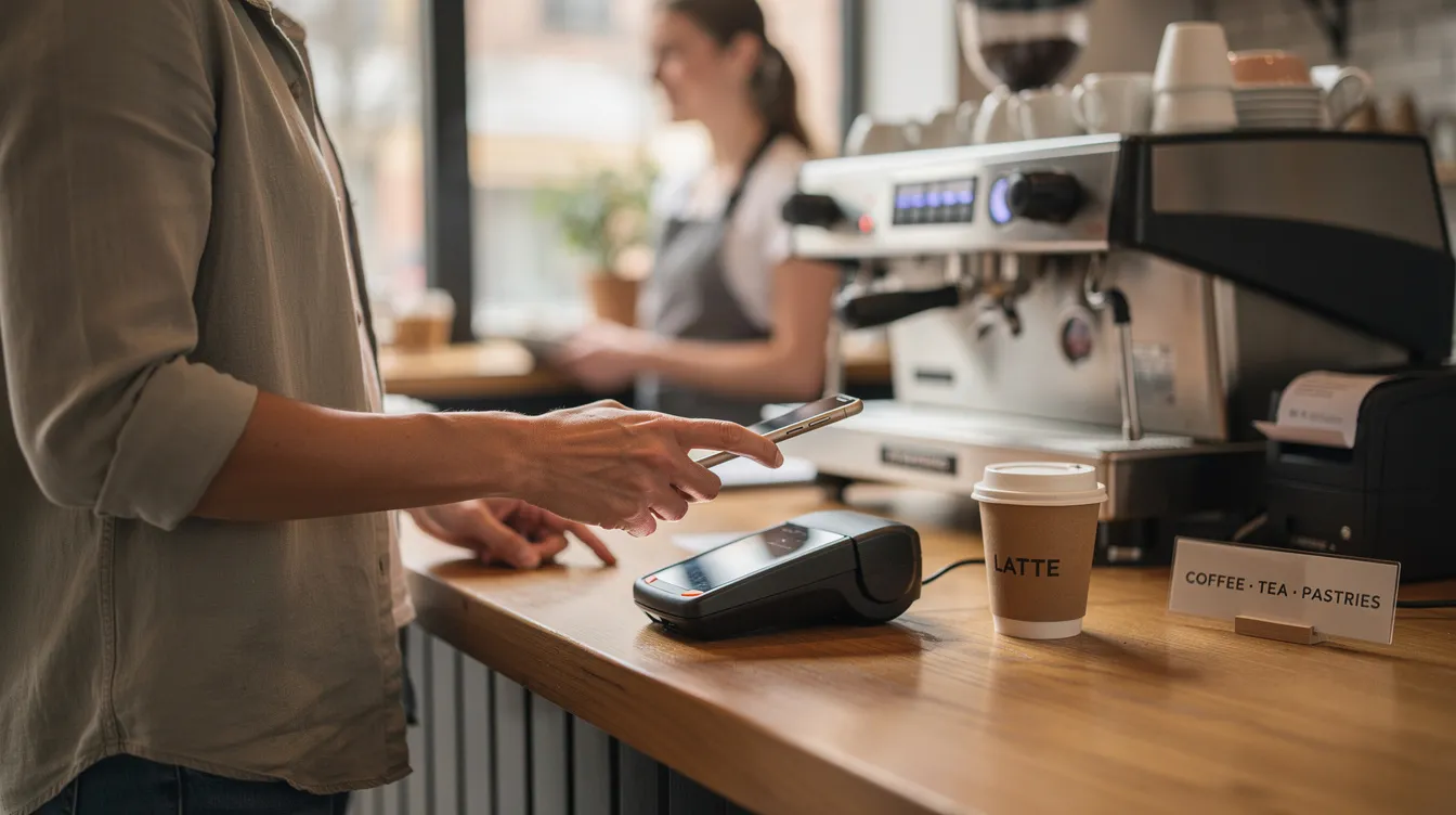 A person is tapping their phone at a coffee shop counter to complete a payment, likely using a loyalty program to earn rewards points for their purchase. The transaction may allow them to redeem rewards for free coffee or other benefits at participating locations.