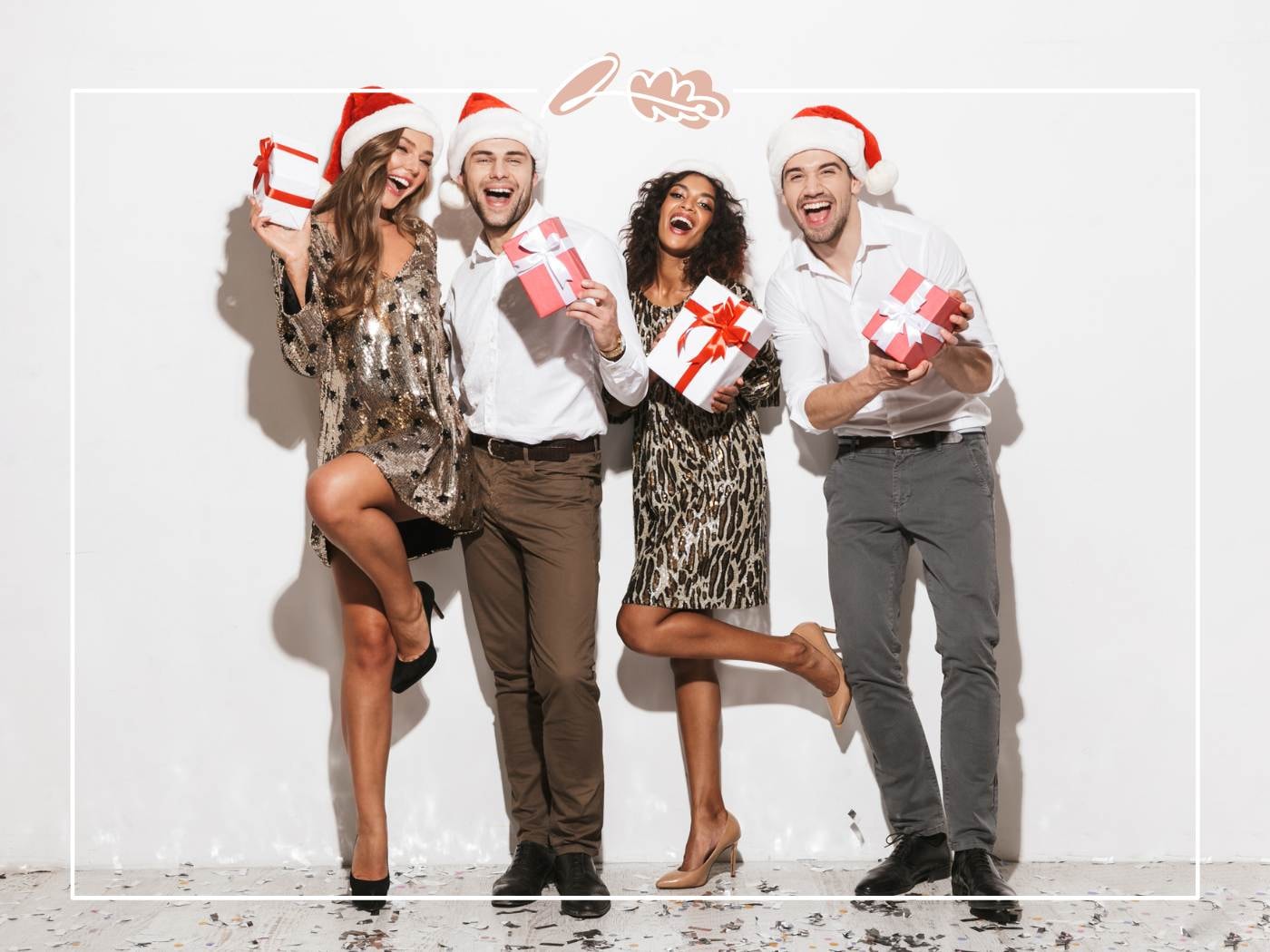 Group with Christmas Gifts - Friends in festive attire with Christmas gifts, celebrating holiday spirit with perfect gifts for loved ones and friends.