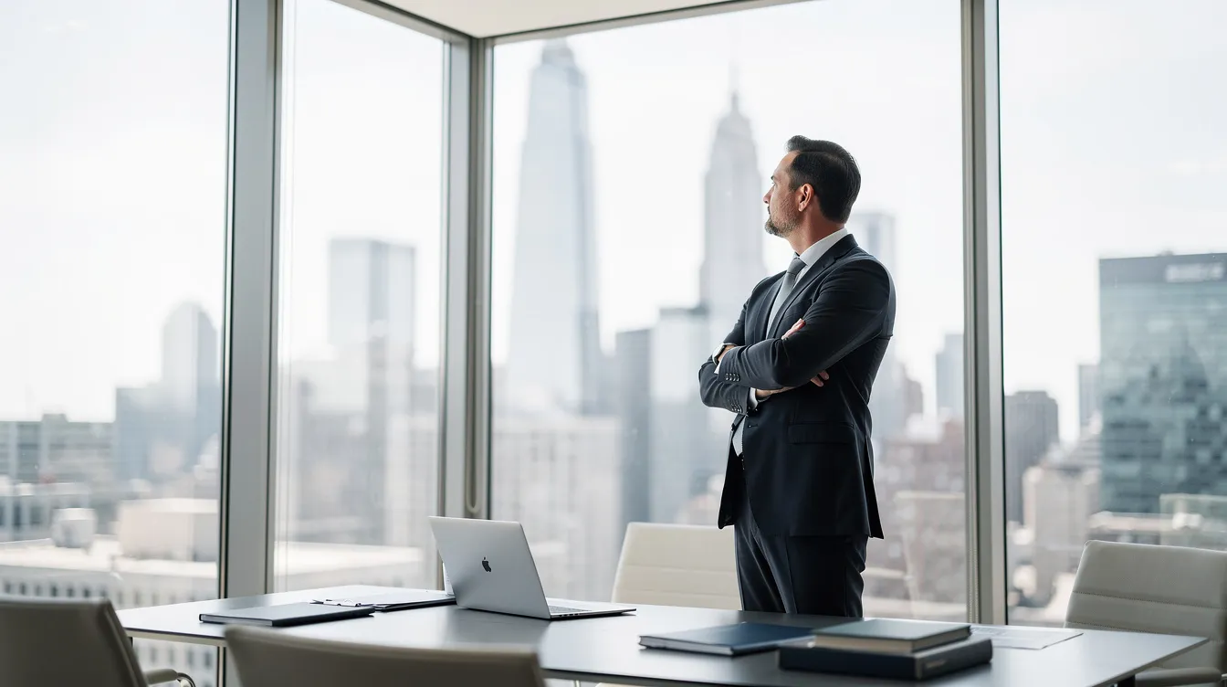Un manager pensif se tient devant une grande baie vitrée dans un bureau moderne, réfléchissant à des décisions importantes pour son équipe. Cette image évoque la confiance en soi et l'estime de soi au travail, soulignant l'importance du développement personnel dans le management.