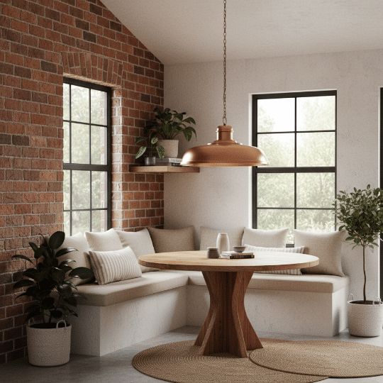 Metal dome pendant light in an industrial-style dining area with exposed brick.