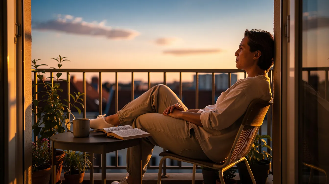 The image depicts a relaxed person sitting on a balcony at sunset, enjoying the tranquil evening sky. The scene evokes a sense of deep relaxation, reminiscent of the calming effects that naturally occurring cannabinoids, like THCP gummies, can provide.