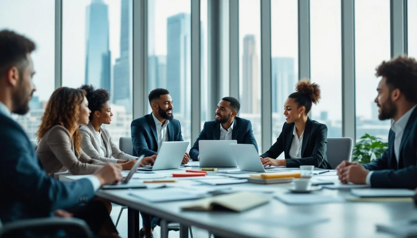 The image depicts a team of professionals collaborating in a modern office to develop a comprehensive marketing strategy aimed at business growth. They are discussing various digital marketing solutions, including content marketing and social media management, highlighting the importance of a strong digital presence in today's ever-evolving digital landscape.