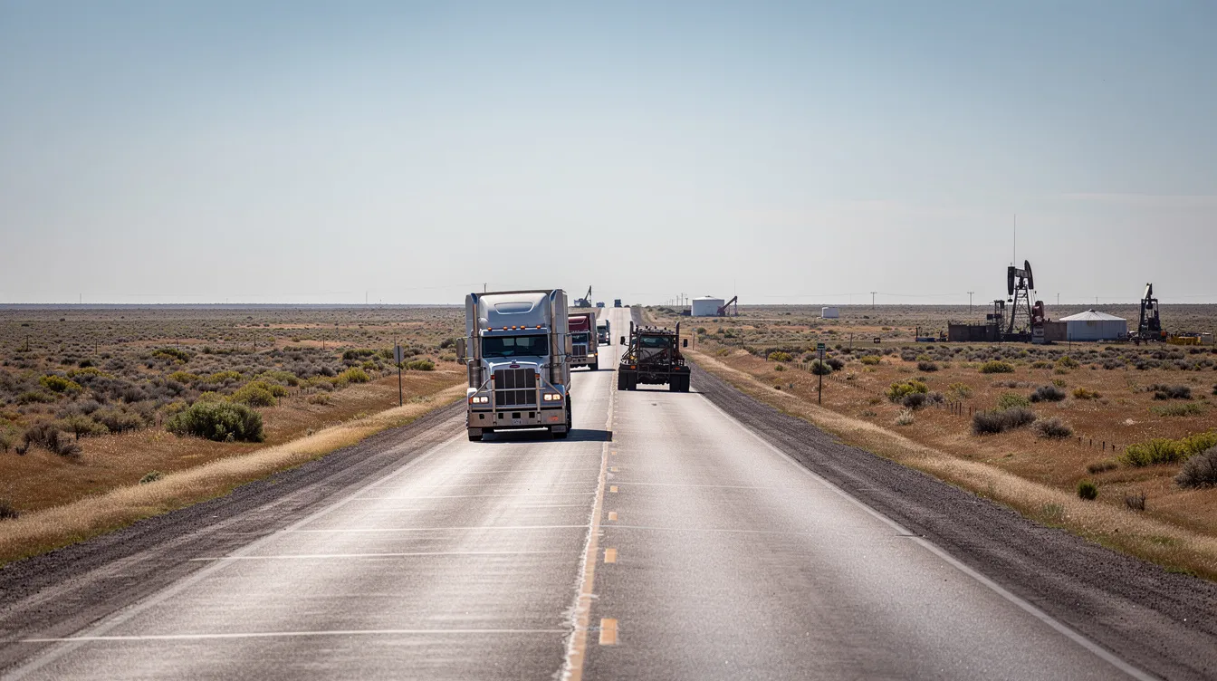 The image depicts a wide West Texas highway bustling with semi trucks and oilfield vehicles traversing the flat terrain under a clear blue sky, highlighting the busy trucking industry in the region. Such highways are often the sites of truck accidents, where commercial vehicles like these can lead to serious injuries and personal injury claims for accident victims.