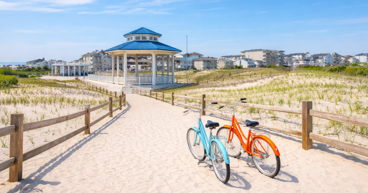 Sea Isle City oceanfront promenade pavilion with beach cruiser bikes, showcasing walkable beach access near popular shore rentals.