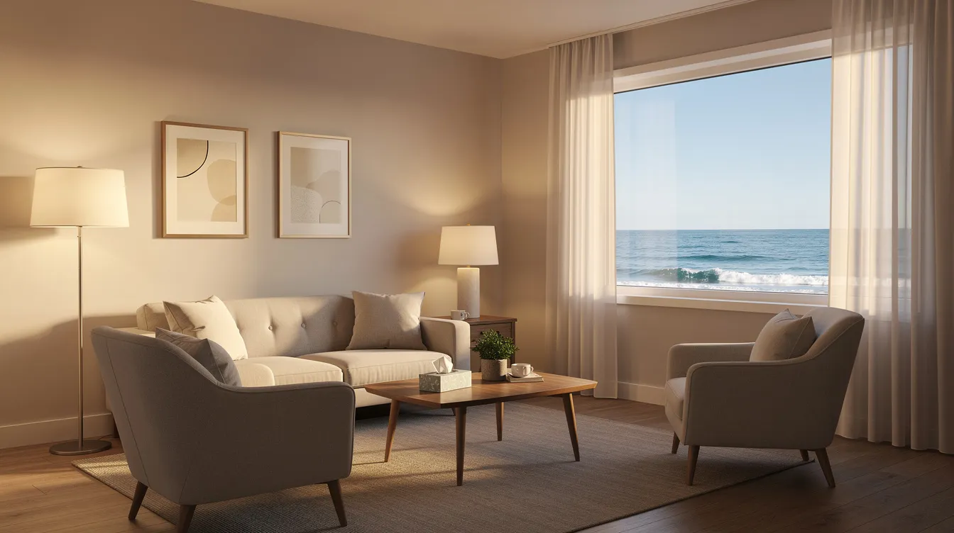 The image depicts a welcoming therapy office featuring comfortable seating and soft lighting, with a serene view of the ocean visible through a window. This calming environment is designed to support mental health and provide a safe space for individuals to address their mental health challenges.