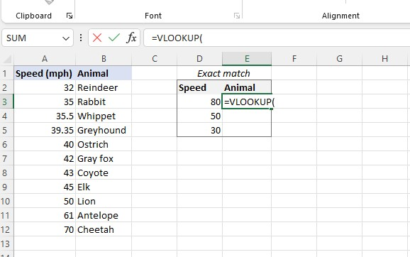 Select a cell and type the VLOOKUP function.