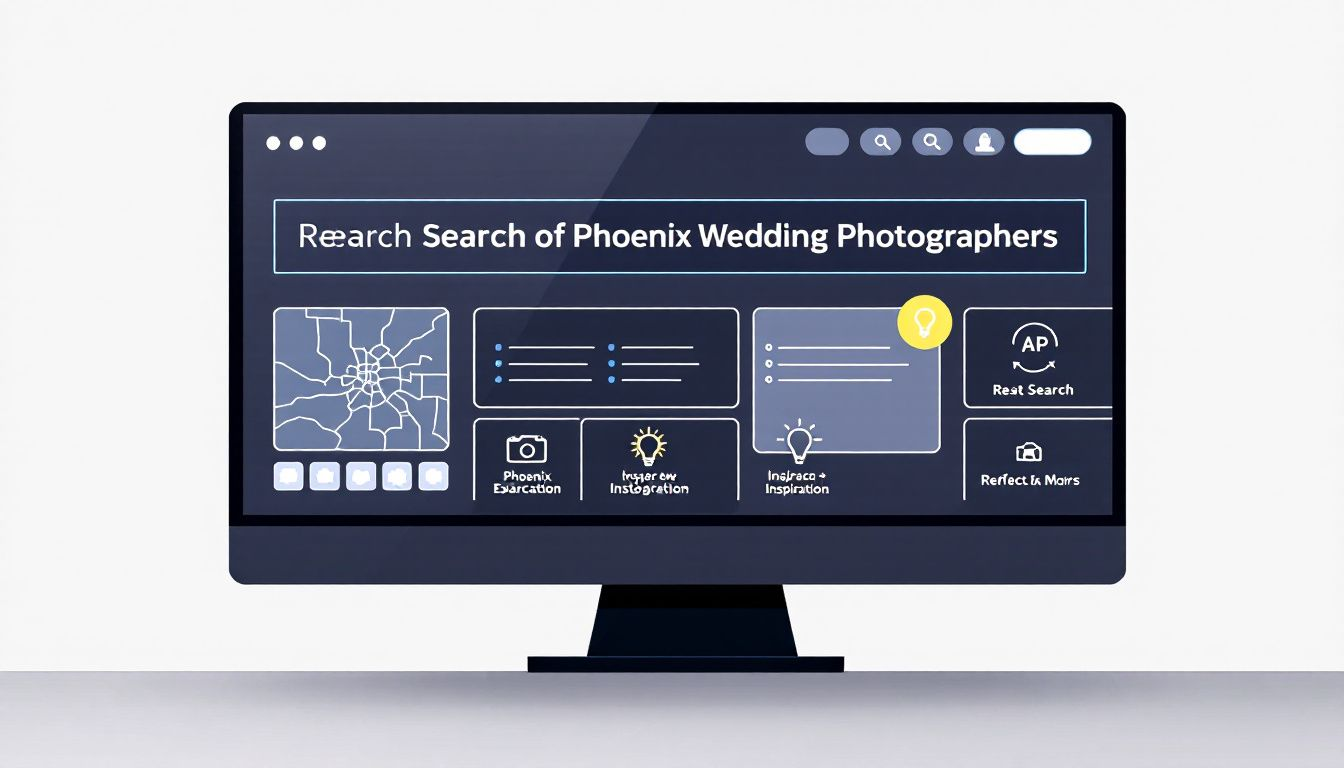 A computer screen displaying a search for Phoenix wedding photographers, emphasizing the research process.