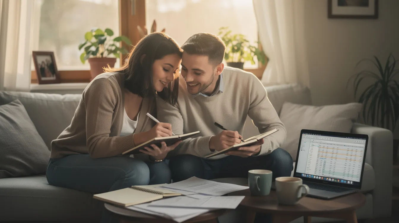 A couple sits closely together, holding hands and writing in their notebooks as they plan their future, embodying the essence of a healthy relationship through open communication and shared goals. Their body language reflects mutual support and connection, highlighting the importance of feeling heard and understood in a romantic relationship.