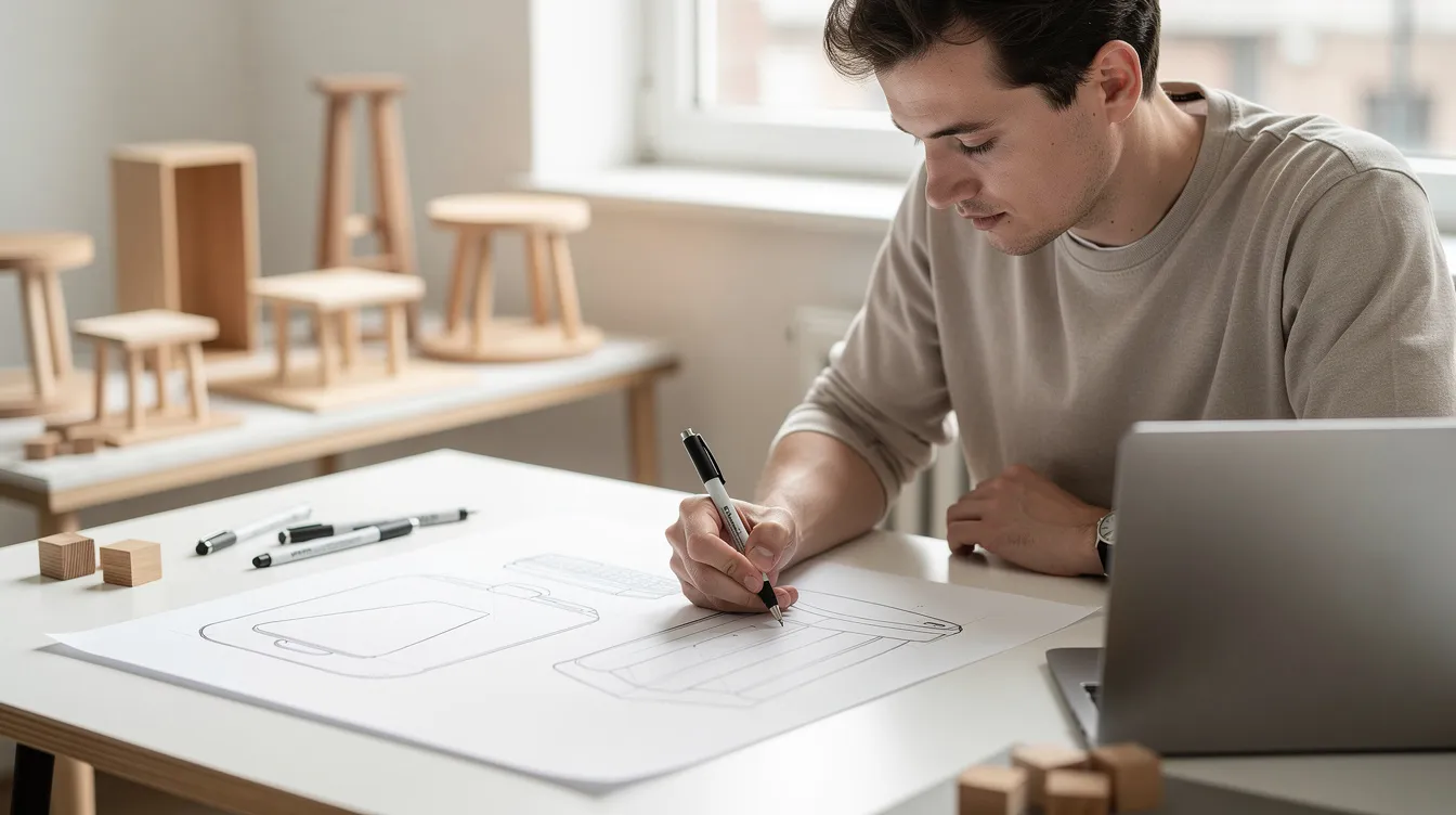 En möbeldesigner sitter vid ett ljust arbetsbord och skissar, omgiven av träprototyper som visar på hennes fokus på hållbarhet och kvalitet. I bakgrunden finns olika material och designprodukter som inspirerar till nya projekt inom möbeldesign.