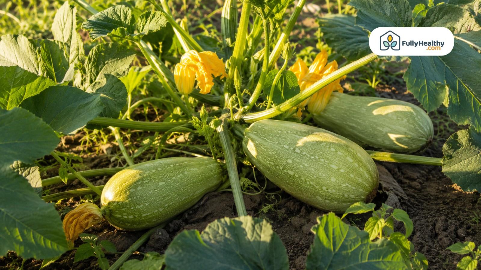 Green squash growing on garden vines with yellow flowers during sunny morning