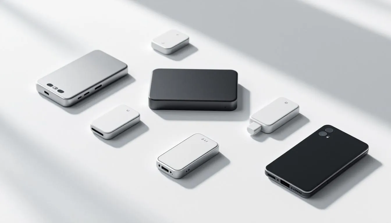 An array of different hardware wallets displayed on a table.