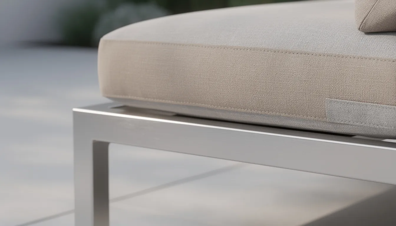 The image features a close-up of modern outdoor lounge cushions in neutral tones, set on a sturdy powder-coated aluminium frame. These cushions are designed for durability and comfort, ideal for outdoor spaces in the Australian climate, ensuring they withstand harsh UV rays and salty air.