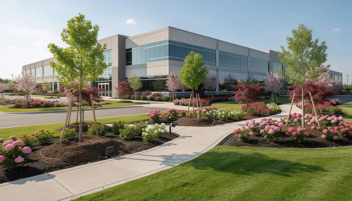 The image depicts a newly installed commercial landscape featuring vibrant flowering shrubs and ornamental trees, showcasing the commitment of the landscaping team to enhance the property for clients and customers. The well-maintained area reflects the pride and attention to detail that goes into creating beautiful outdoor spaces in neighborhoods.