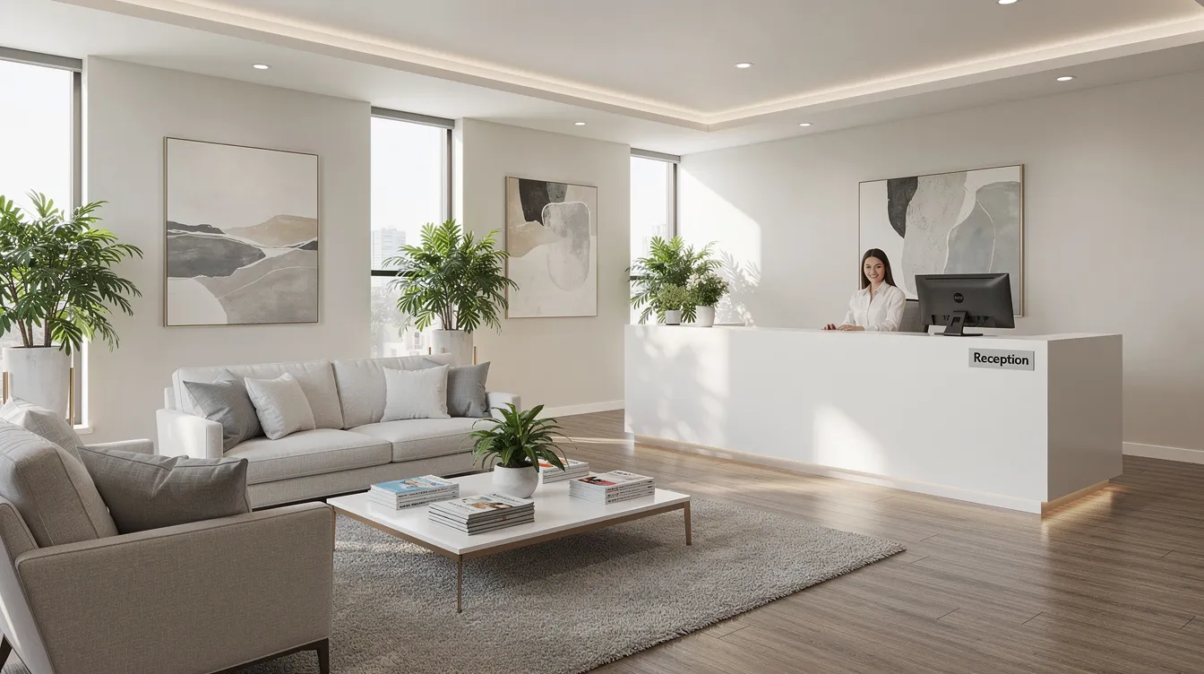 The image depicts a modern medical office reception area designed to be welcoming, featuring comfortable seating for patients. This inviting space is likely associated with procedures such as facial fat grafting, where patients can consult about restoring facial volume and enhancing their appearance.