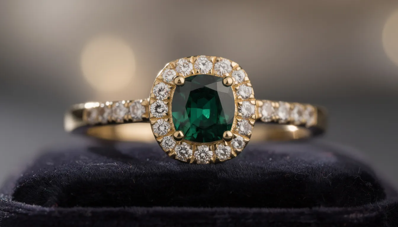 A close-up photograph showcases an elegant emerald ring, featuring a stunning halo of small diamonds set in polished yellow gold. This piece of emerald jewellery reflects timeless beauty and is perfect for special occasions, making it a unique addition to any jewellery collection.