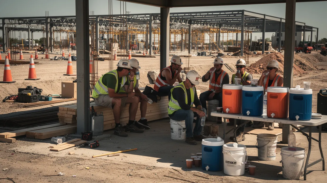 A construction crew is taking a shaded rest break at an outdoor job site, with water coolers visible nearby, highlighting the importance of hydration and worker safety in the construction industry. This scene reflects a strong safety culture, where regular breaks and safety practices are prioritized to mitigate risks and protect workers on the job.