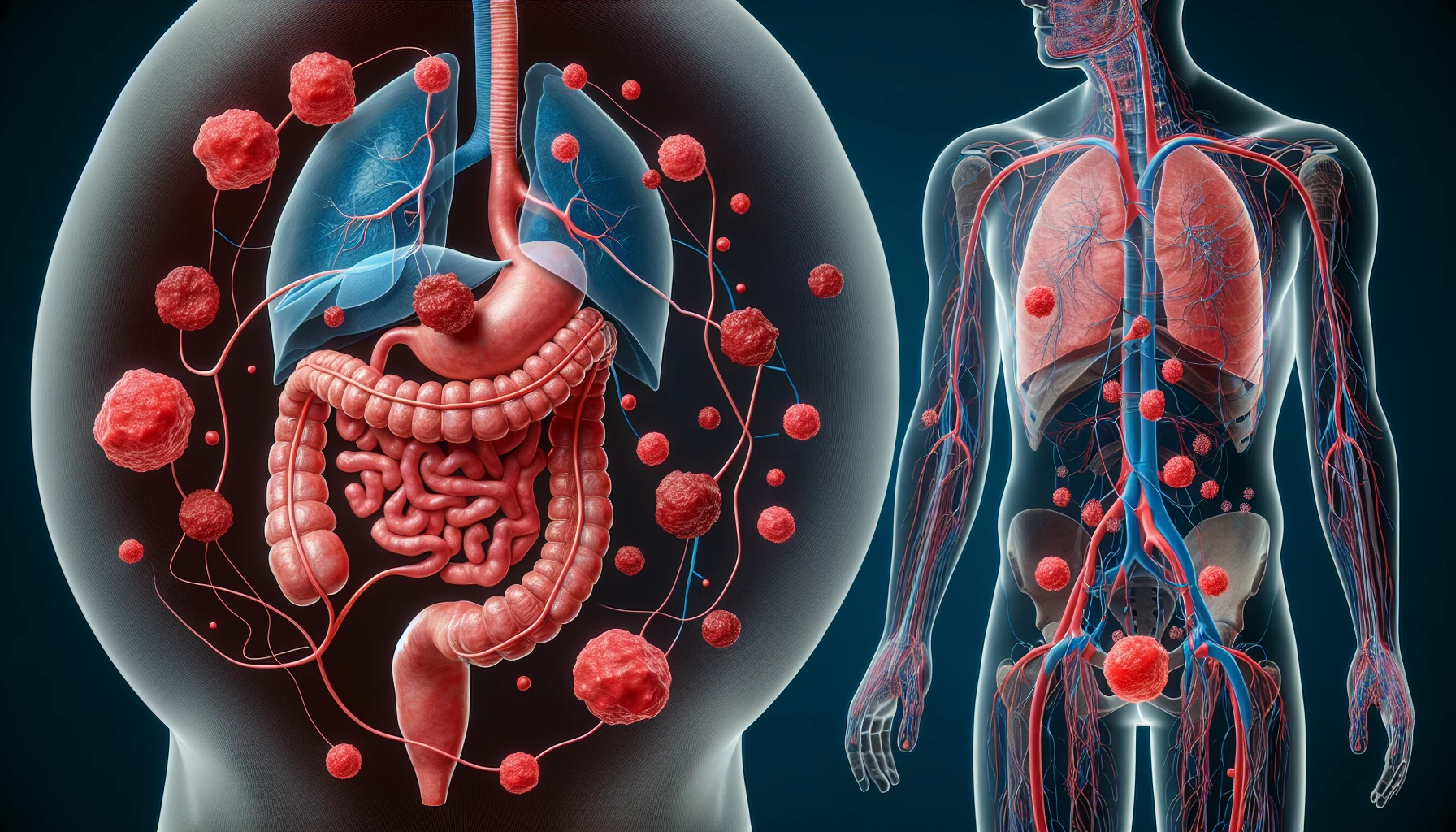 Illustration of colon cancer metastasizing to the lungs