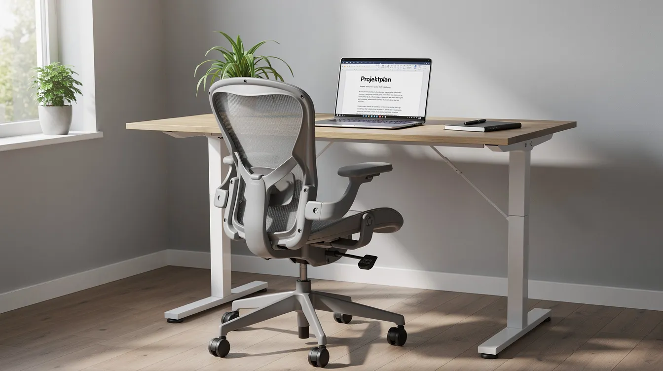 Ett hemkontor med ett höj- och sänkbart skrivbord och en ergonomisk kontorsstol, perfekt för att skapa en bekväm arbetsmiljö. Rummet är inrett med stolar från Mio, vilket ger en modern och stilren känsla.