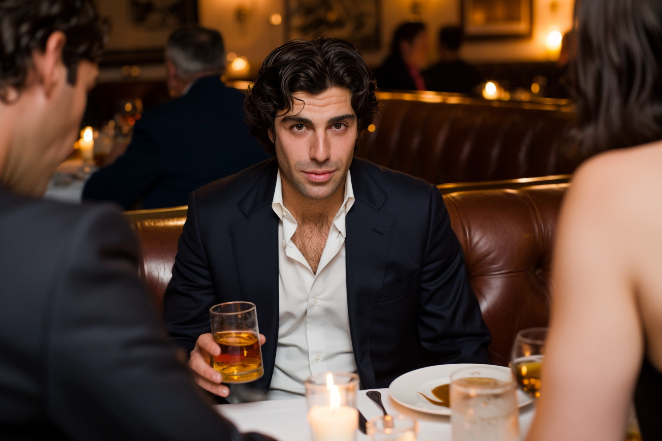 Professional man at a Manhattan business dinner appearing engaged on the surface but emotionally absent, illustrating the Detached Protector schema mode that high-functioning men with the social exclusion schema activate during personal conversations.