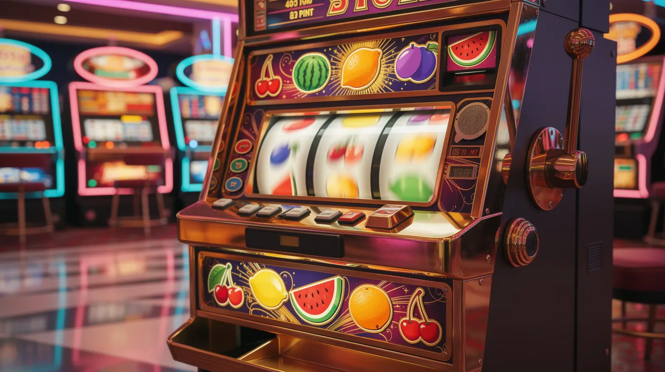 The image features a vibrant slot machine with colorful spinning reels displaying various fruit symbols, inviting players to enjoy exciting casino games. This scene captures the thrill of playing slots, reminiscent of the glory casino experience and the potential for winning big with bonus spins.
