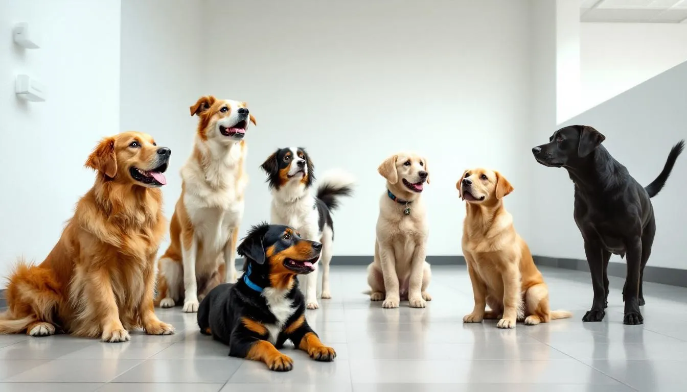 In the image, various dogs are being observed during a temperament test, showcasing their reactions to different stimuli and situations, including interactions with other dogs and unfamiliar environments. Each dog