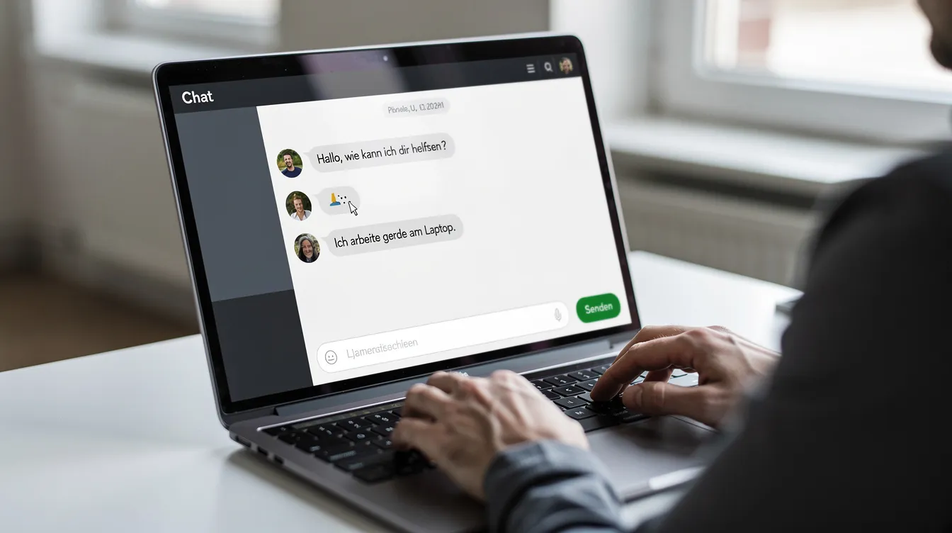 Die Nahaufnahme zeigt eine Person, die konzentriert an einem Laptop arbeitet, während auf dem Bildschirm eine Chat-Oberfläche sichtbar ist. Diese Darstellung verdeutlicht die Interaktion mit künstlicher Intelligenz, möglicherweise zur Generierung von ChatGPT-Prompts oder zur Erstellung von Social Media Posts.