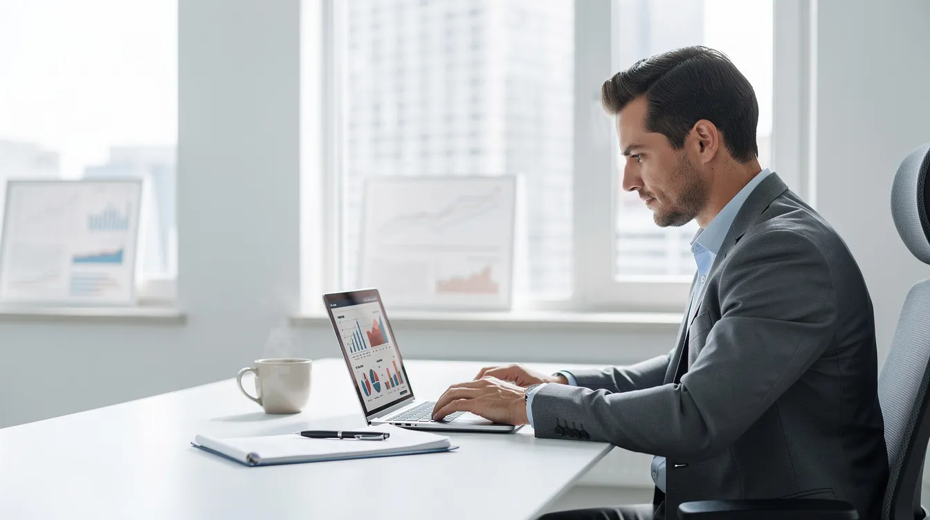 A mortgage professional is seated at a bright office desk, working on a laptop while enjoying a cup of coffee. The scene reflects a focused environment where the loan officer engages in client communication, utilizing technology and data analysis to enhance their mortgage business and foster strong client relationships.