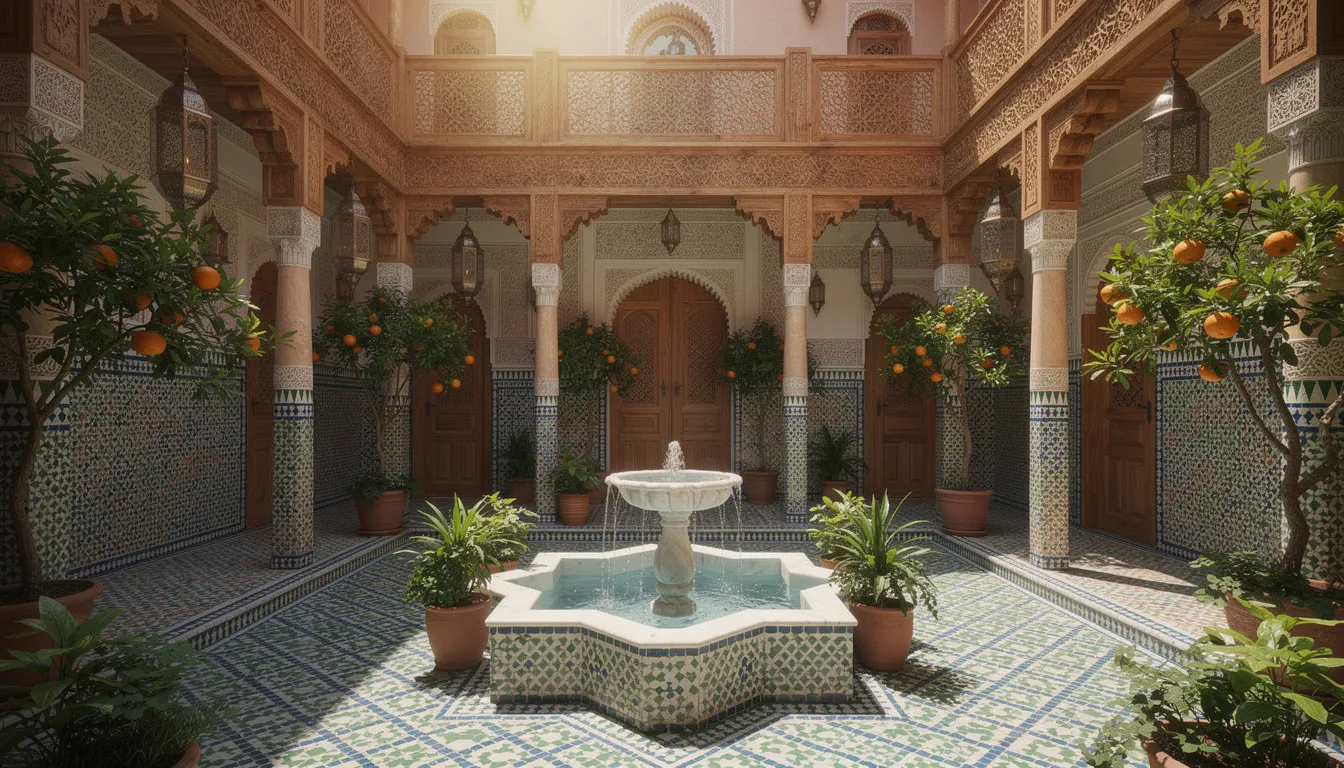 The image depicts a traditional Moroccan riad courtyard, featuring a central fountain surrounded by lush greenery and intricate tilework that showcases vibrant colors and geometric patterns. The carved wooden details and artistic heritage reflect the rich cultural essence of Moroccan architecture, creating a serene oasis in the bustling city of Marrakech.