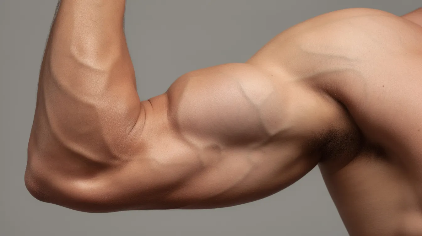 The image shows a close-up of a toned arm, highlighting the natural muscle definition from the shoulder to the elbow. This depiction emphasizes the contours of the upper arm, which may be a result of procedures like arm liposuction or arm lift surgery aimed at reducing stubborn fat deposits and excess skin.