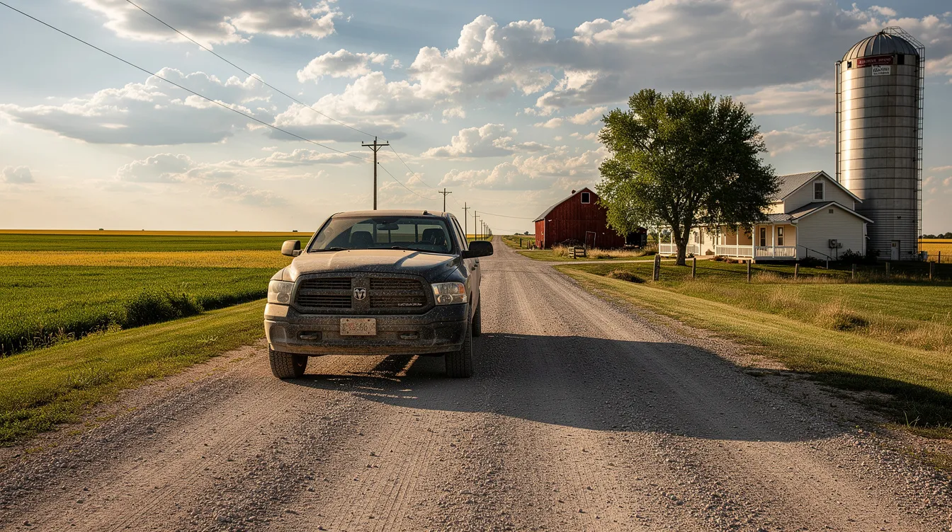 A pickup truck is parked on a gravel road next to a rural Nebraska farm property, surrounded by open fields and a clear blue sky. This scene reflects the serene lifestyle of Nebraska, where auto transport services could assist with vehicle delivery across the state.