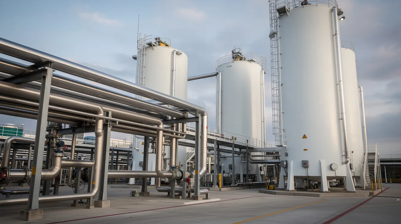 The image shows large chemical storage tanks and industrial pipes at a manufacturing facility, highlighting the potential hazards of accidents, including explosions. Such environments can pose risks to workers, and in the event of an explosion, it is crucial to seek legal assistance from abogados de accidentes in Houston to navigate the complexities of personal injury claims.