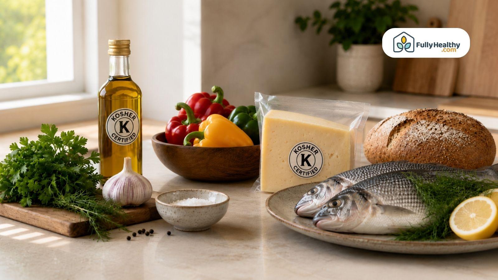 Kosher-certified foods including fish, vegetables, bread, and cheese arranged on kitchen counter.