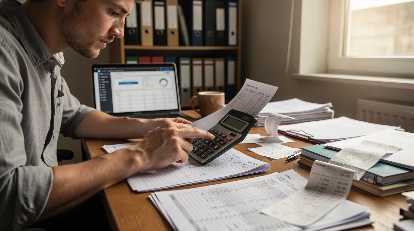 13f44da9 2241 4b0e 82ce 5b43b14daf0d A small business owner is seated at a desk, meticulously reviewing financial documents that include a balance sheet and cash flow statements, with a calculator and various papers spread out. This scene reflects the owner's focus on preparing a detailed project report for a mudra loan, emphasizing the importance of financial projections and repayment plans for their business.