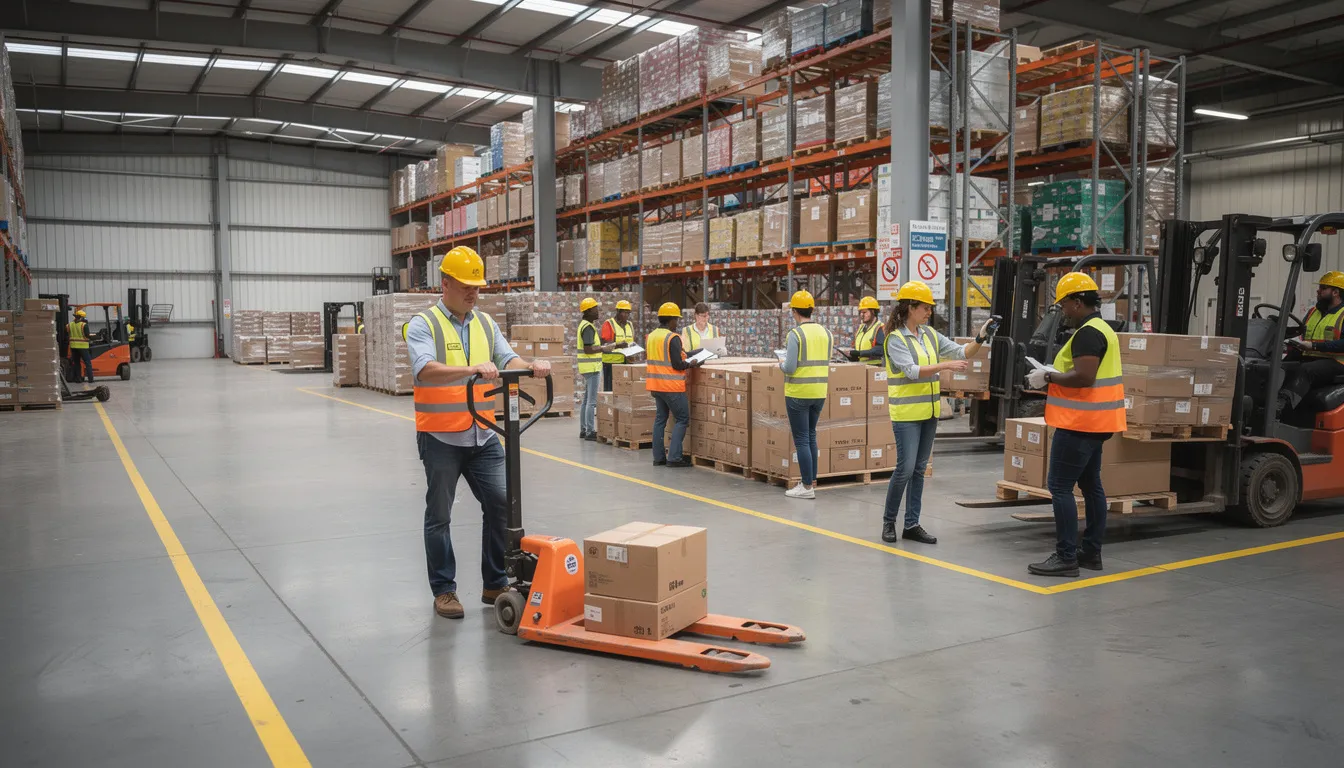 The image shows a team of workers in hard hats and safety vests engaged in a painting project within an industrial warehouse, demonstrating professionalism and attention to detail. They are likely part of a commercial painting company, ensuring proper surface preparation and safety in the workspace.