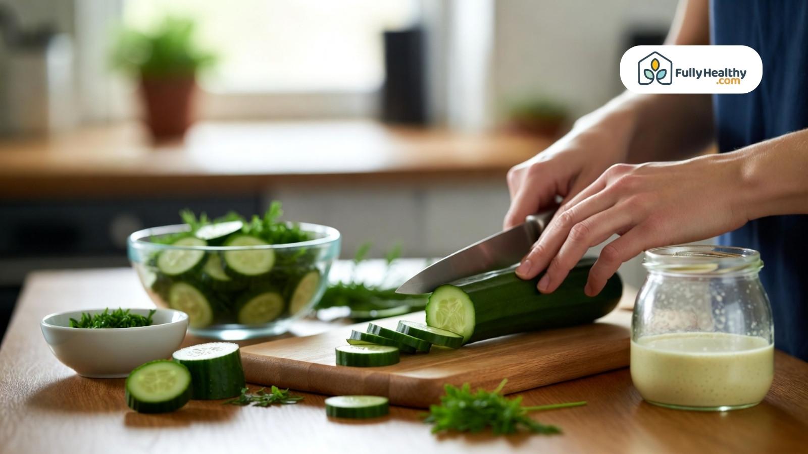 Person slicing cucumber on wooden board beside bowl, herbs, and dressing jar.