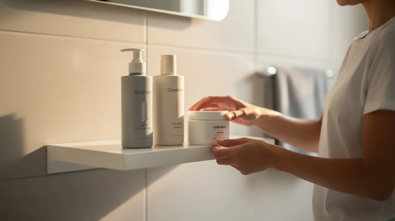 A person is organizing various hair care products, including shampoo, conditioner, and hair masks, on a bathroom shelf. The scene highlights a focus on hair treatments for different hair types, such as dry hair and thinning hair, showcasing a range of products aimed at promoting healthier looking hair.
