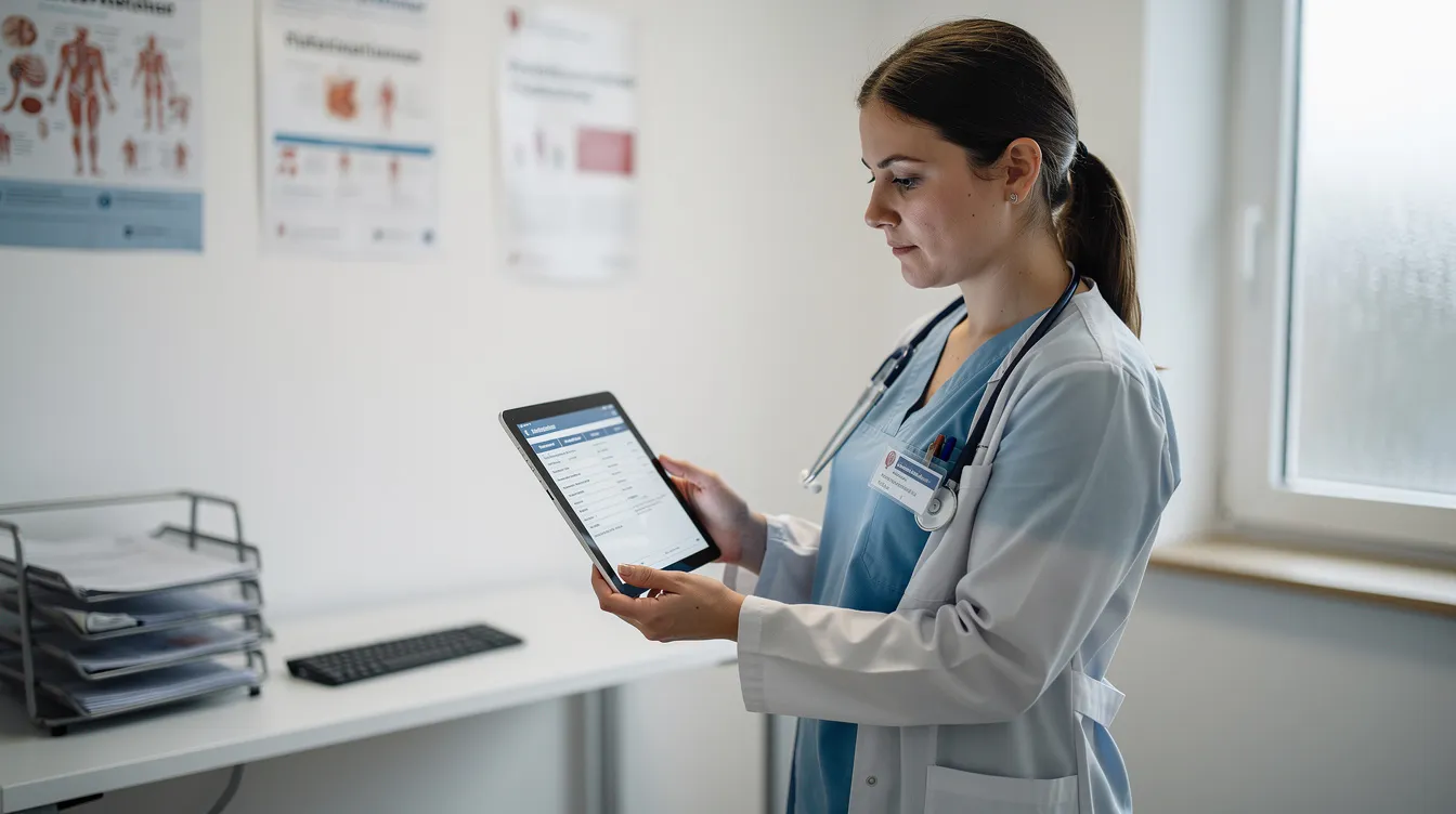 Eine medizinische Fachkraft überprüft Dokumente auf einem Tablet in einer Praxis, um einen Überblick über die Abrechnung und die Nutzung der branchenspezifischen Software zu erhalten. Dabei könnte sie auch Fragen zu den besten Services und Produkten für Leistungserbringer haben.