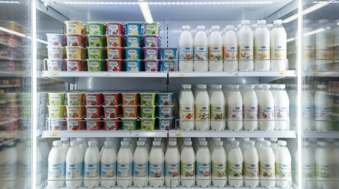 13f6acb9 1ce7 45e0 99e9 d695f0d1d206 The image features rows of fresh yogurt cups and bottled dairy beverages, all neatly arranged in a refrigerated retail cabinet, showcasing a variety of probiotic dairy products that provide health benefits through the inclusion of beneficial microorganisms like lactic acid bacteria. This display highlights the importance of fermented dairy products in the food industry, particularly for those seeking functional foods that support gut health.