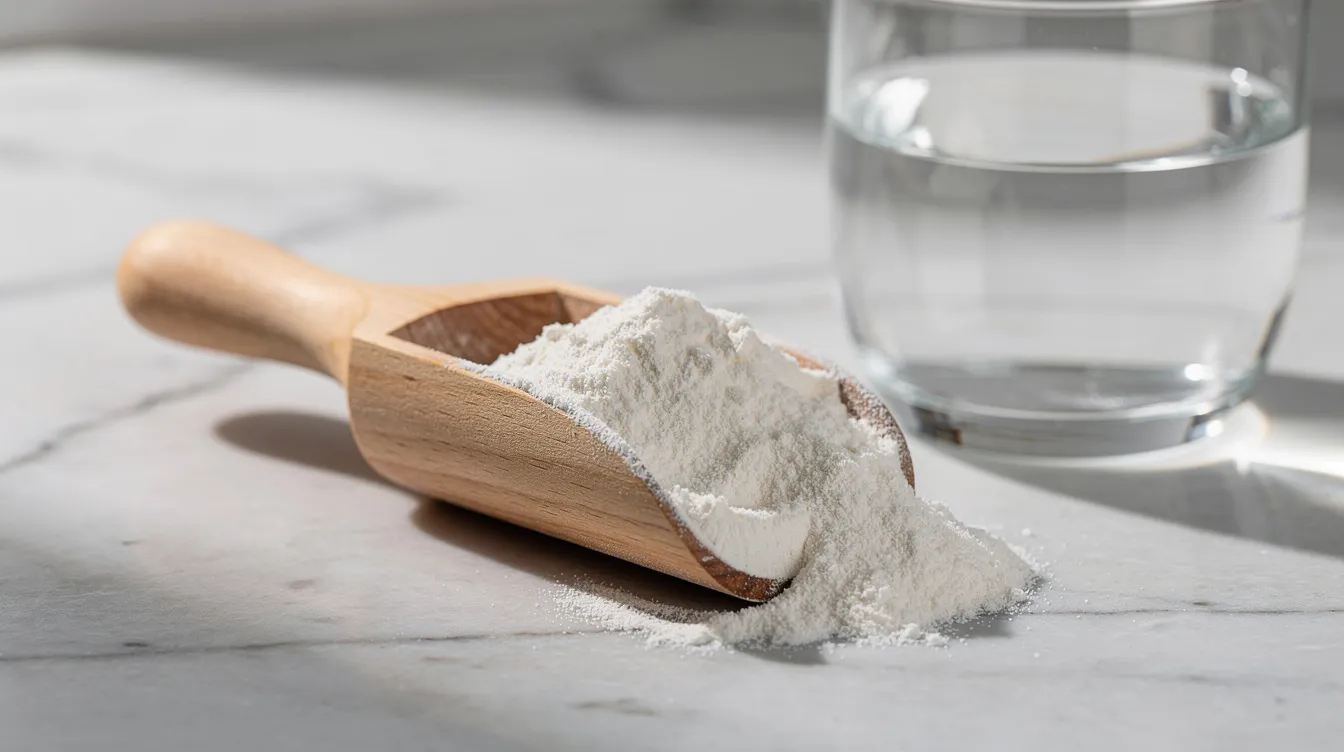 A wooden scoop filled with unflavored protein powder sits on a marble countertop next to a glass of water, highlighting the neutral taste and versatility of this protein source for smoothies, baked goods, and protein drinks. The clean and simple arrangement emphasizes the organic and unsweetened nature of the protein powder.