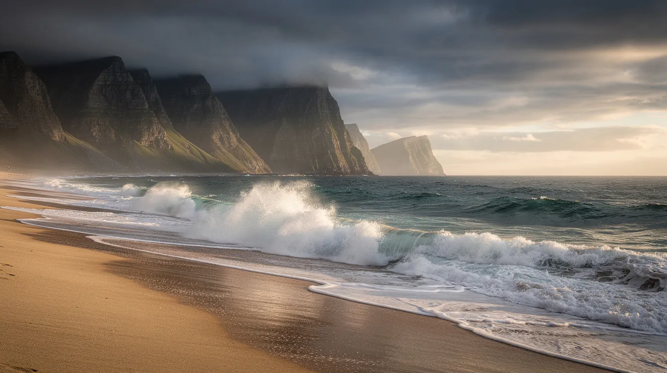 Die dramatische Küstenlandschaft zeigt einen endlosen Sandstrand, der von tosenden Wellen des Atlantiks umspült wird, während steile Berge im Hintergrund die Szenerie dominieren. Diese atemberaubende Aussicht ist ein Teil der schönsten Strände auf Fuerteventura, ideal für Naturliebhaber und Wassersportler.