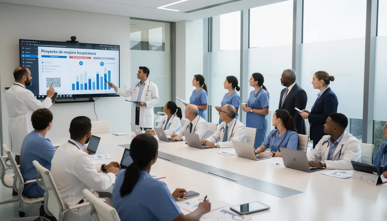Un equipo médico y administrativo se encuentra reunido en una sala de juntas, discutiendo un proyecto relacionado con la gestión de citas médicas. La conversación se centra en cómo la inteligencia artificial puede optimizar la programación y mejorar la eficiencia operativa en los hospitales y centros de salud.