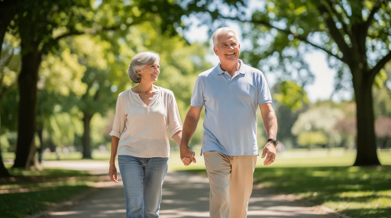 An older couple walks confidently along a tree-lined path on a sunny day, smiling and enjoying their daily life together. Their relaxed demeanor suggests a focus on mental health and quality time as they embrace this moment in their retirement.