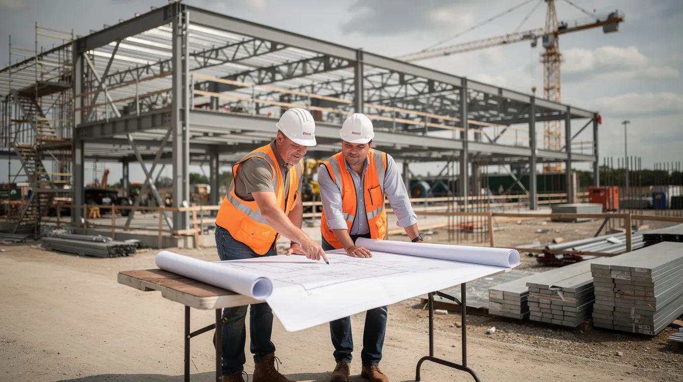 A construction superintendent is reviewing blueprints with a foreman at a commercial building site, where steel framing is visible in the background, highlighting the collaboration and project management essential in the construction industry. This scene reflects the leadership skills and teamwork necessary for successful construction projects and career advancement opportunities within the field.